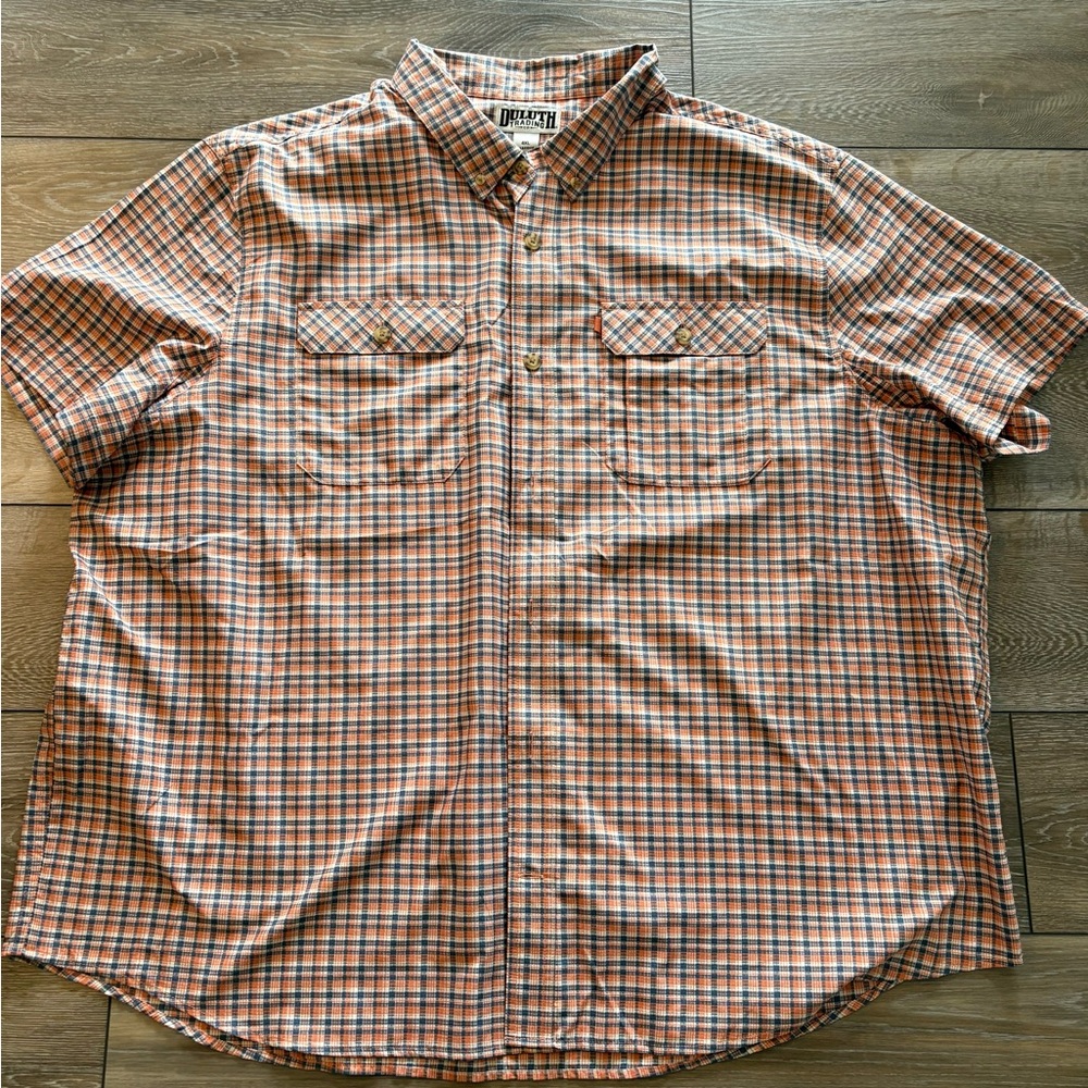 Duluth Trading Co Orange and Blue Plaid Short-Sleeve Button-Up Shirt